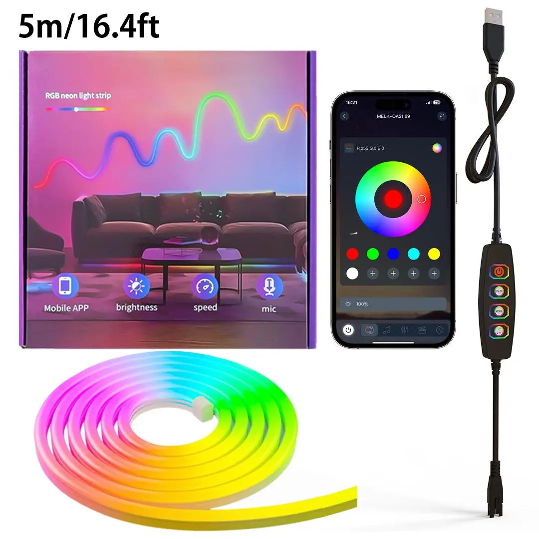 Smart RGB Neon LED Strip Light – App-Controlled USB LED Rope Light with Music Sync for Desk Setups & Gaming Rooms