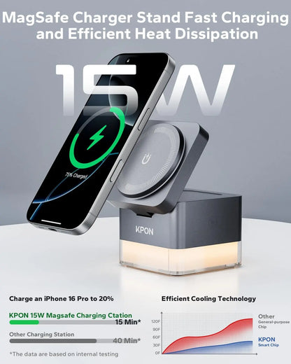 3-in-1 Magnetic Wireless Charging Station with Night Light – Foldable 15W MagSafe Charger for iPhone, Apple Watch & AirPods