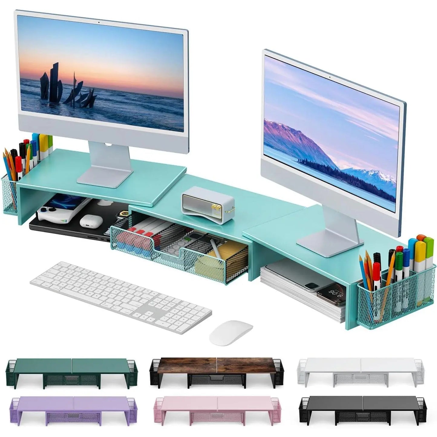 Dual Monitor Stand Riser with Storage Drawer & Pen Holders – Desktop Organiser for Home Offices & Desk Setups