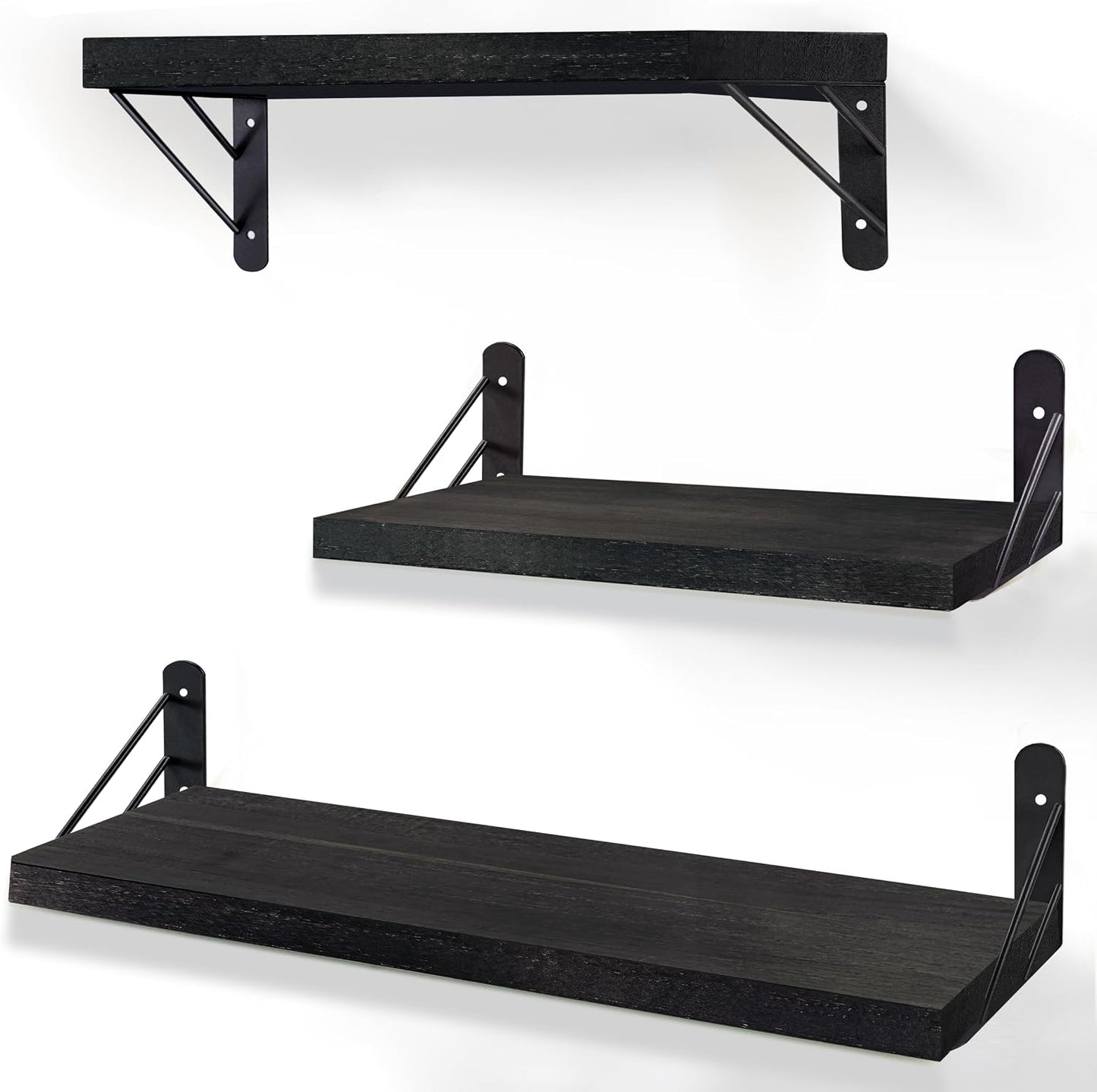 Modern Black Floating Wall Shelves – Set of 3 Wooden Display Shelves for Bedrooms, Living Rooms, Home Offices & Bathrooms