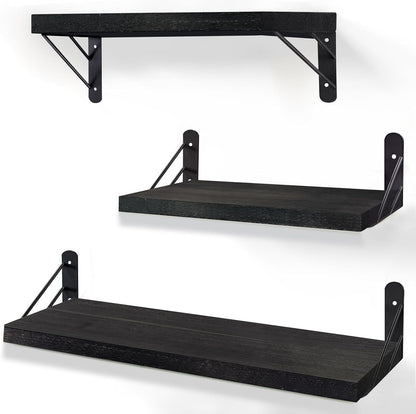 Modern Black Floating Wall Shelves – Set of 3 Wooden Display Shelves for Bedrooms, Living Rooms, Home Offices & Bathrooms