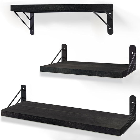 Modern Black Floating Wall Shelves – Set of 3 Wooden Display Shelves for Bedrooms, Living Rooms, Home Offices & Bathrooms