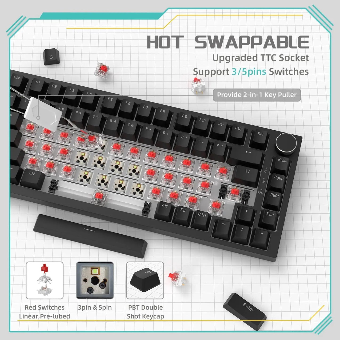 AJAZZ AK820 75% Mechanical Gaming Keyboard – Hot-Swappable Gasket Keyboard with Volume Knob for Gaming & Desk Setup