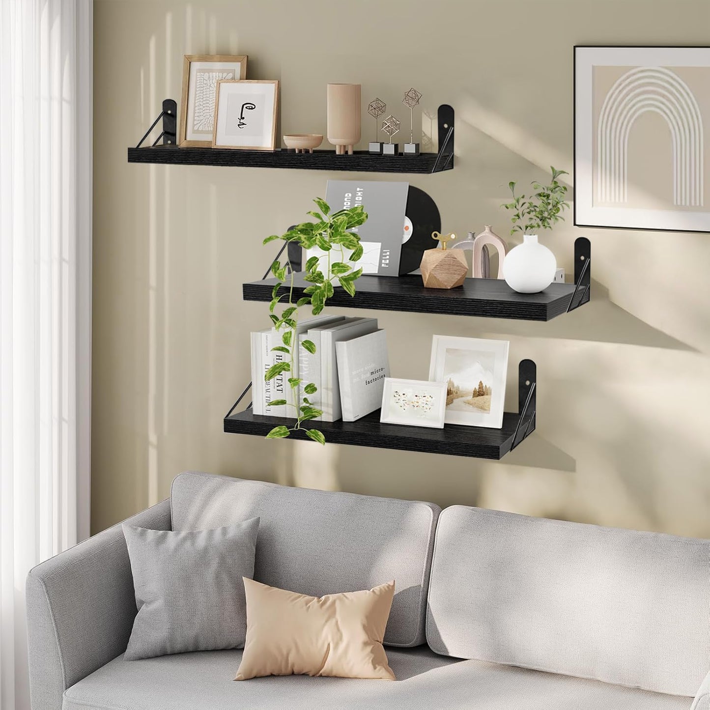 Modern Black Floating Wall Shelves – Set of 3 Wooden Display Shelves for Bedrooms, Living Rooms, Home Offices & Bathrooms