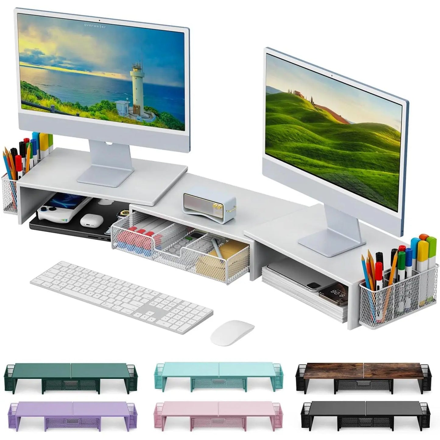 Dual Monitor Stand Riser with Storage Drawer & Pen Holders – Desktop Organiser for Home Offices & Desk Setups