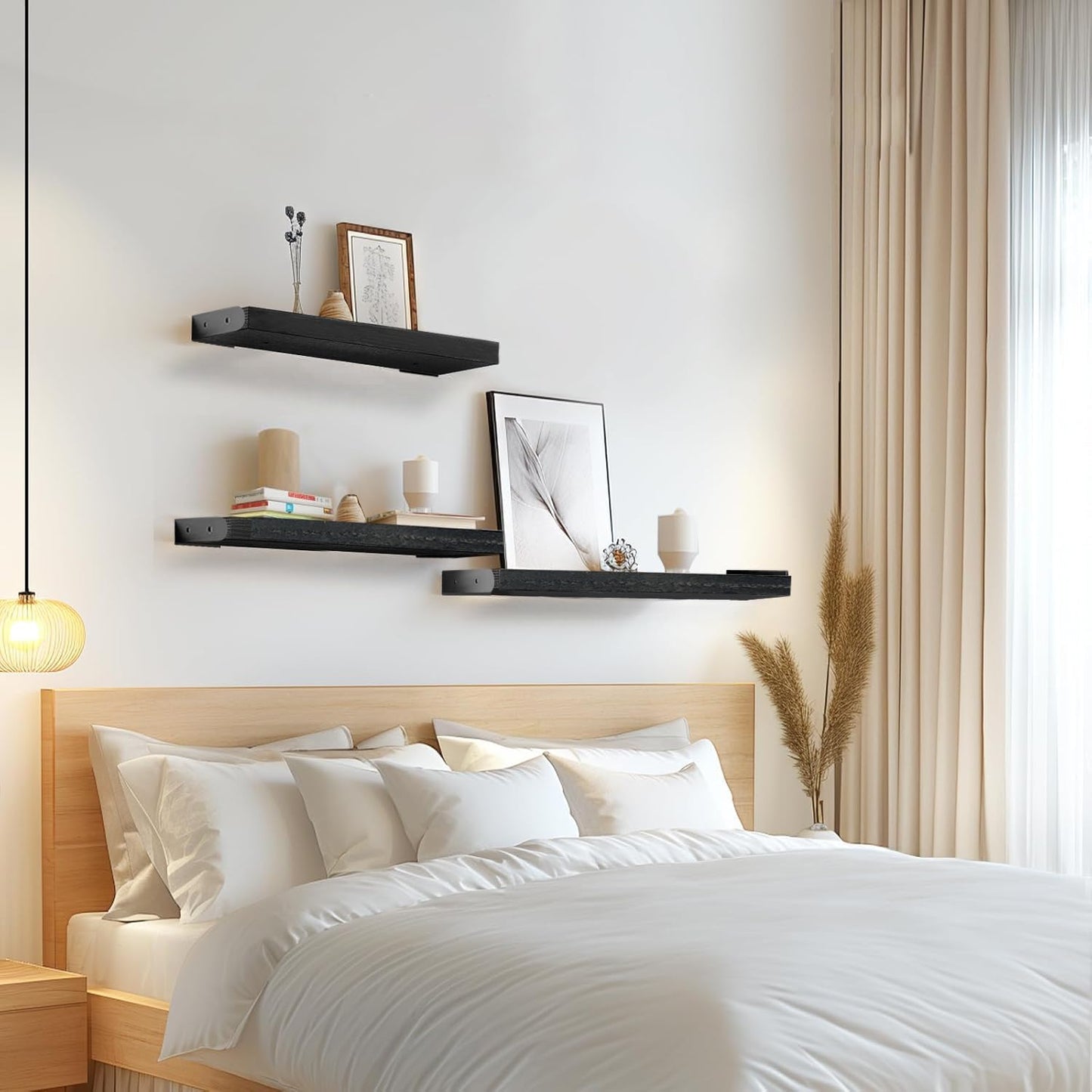 Modern Black Floating Wall Shelves – Set of 3 Wooden Display Shelves for Bedrooms, Living Rooms, Home Offices & Bathrooms
