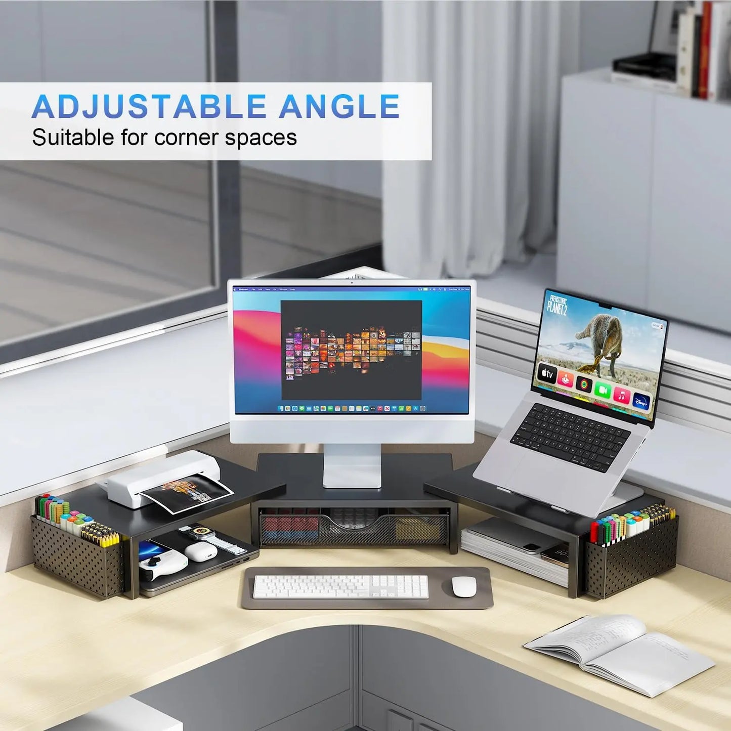Dual Monitor Stand Riser with Storage Drawer & Pen Holders – Desktop Organiser for Home Offices & Desk Setups