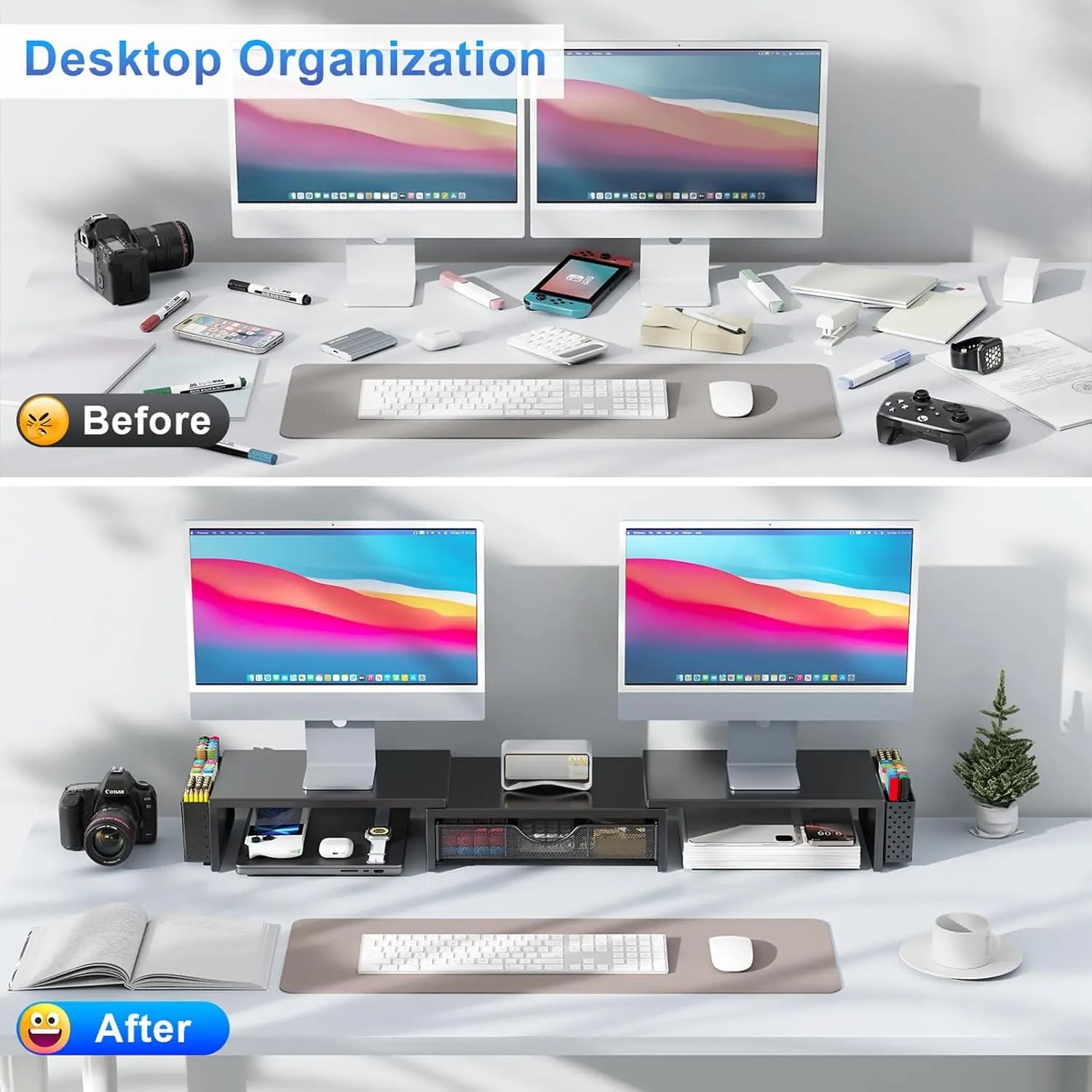 Dual Monitor Stand Riser with Storage Drawer & Pen Holders – Desktop Organiser for Home Offices & Desk Setups