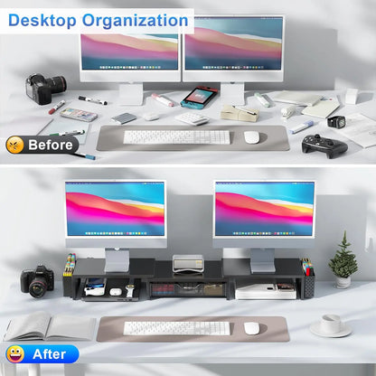 Dual Monitor Stand Riser with Storage Drawer & Pen Holders – Desktop Organiser for Home Offices & Desk Setups