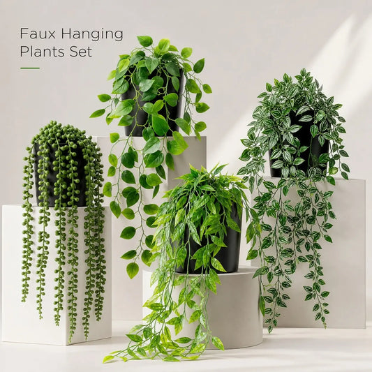 Artificial Hanging Plants Set – 4 Pack Realistic Faux Greenery for Desk Setups, Shelves & Home Décor