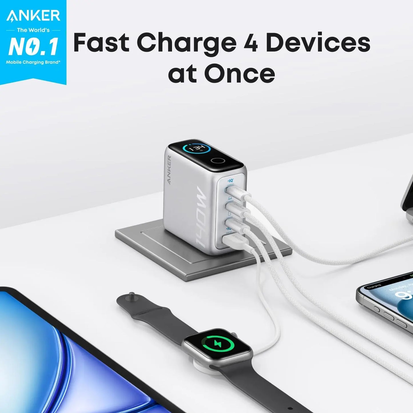 Anker 140W 4-Port GaN Smart Charger – Fast USB-C & USB-A Charging Station