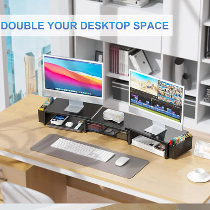 Dual Monitor Stand Riser with Storage Drawer & Pen Holders – Desktop Organiser for Home Offices & Desk Setups