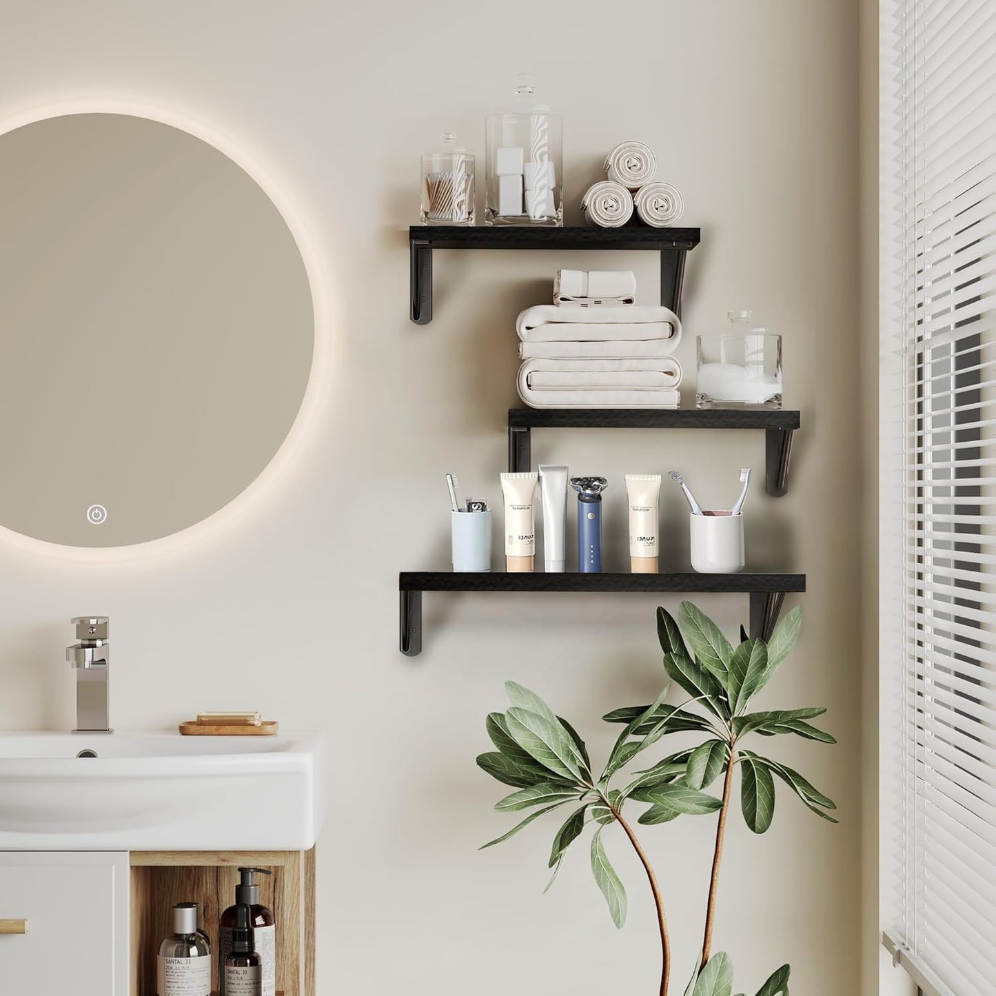 Modern Black Floating Wall Shelves – Set of 3 Wooden Display Shelves for Bedrooms, Living Rooms, Home Offices & Bathrooms