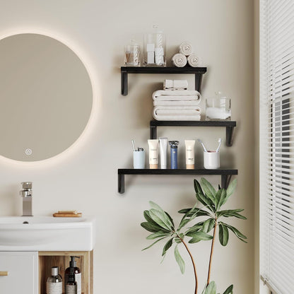 Modern Black Floating Wall Shelves – Set of 3 Wooden Display Shelves for Bedrooms, Living Rooms, Home Offices & Bathrooms