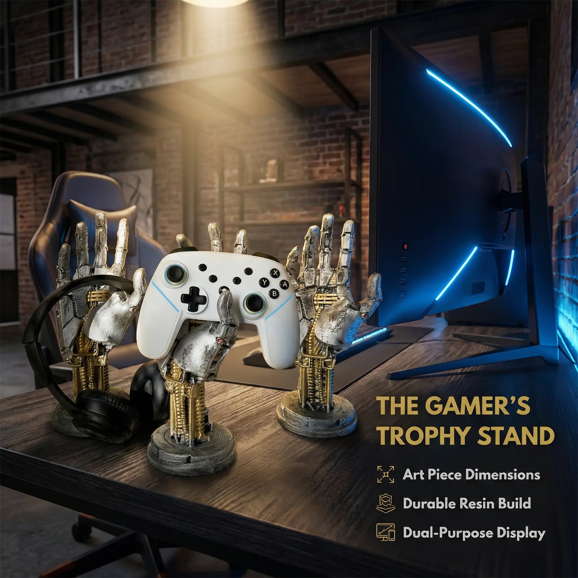 Cyberpunk Mechanical Hand Controller Stand – Gaming Controller, Headphone & Key Holder for Desk Setups