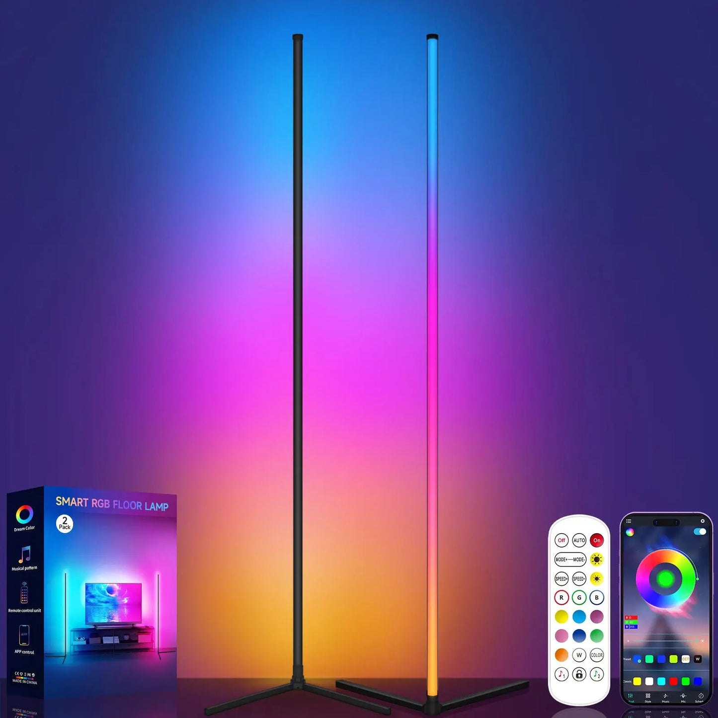 Smart LED Corner Floor Lamp, App & Remote Controlled RGB Light for Bedroom Corner Decor