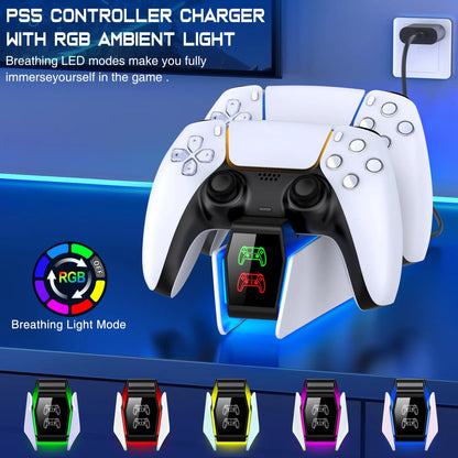 PS5 Dual Controller Charging Station – Fast Charging Dock with RGB Lighting & LED Indicators for PlayStation 5 Controllers