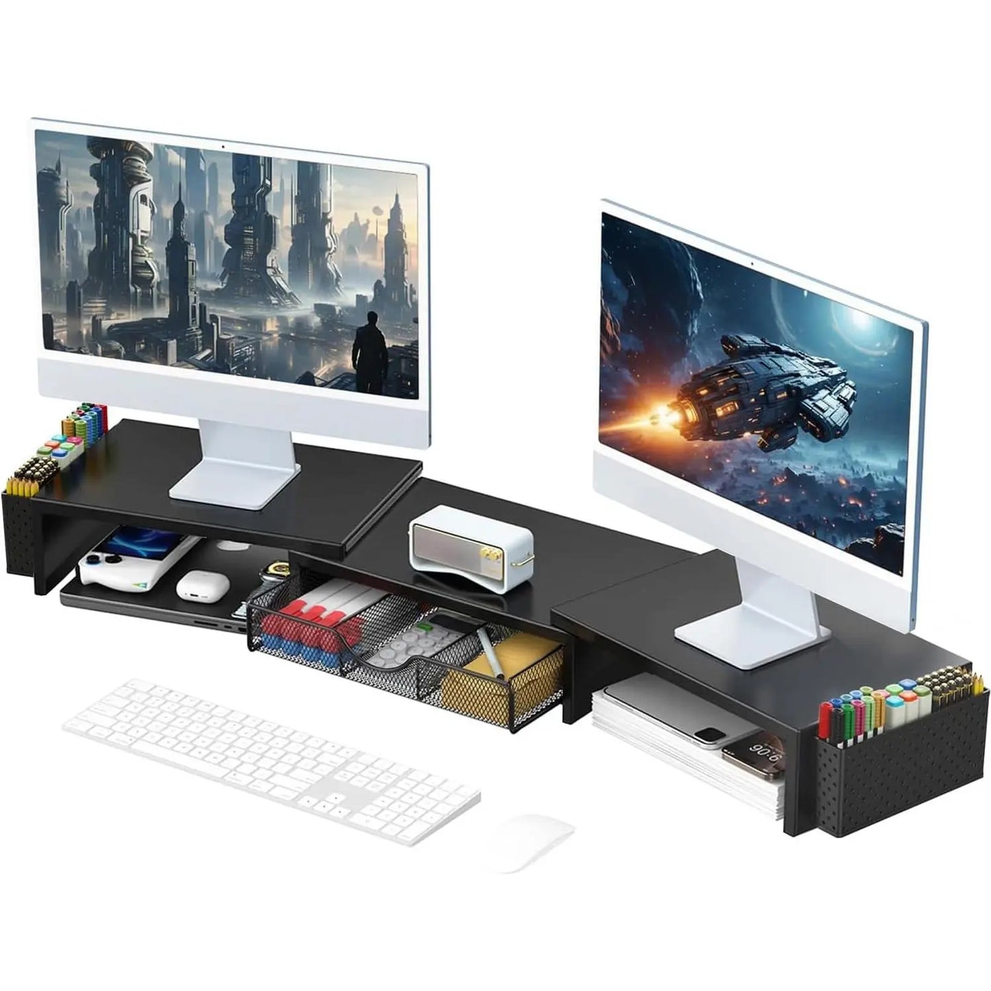Dual Monitor Stand Riser with Storage Drawer & Pen Holders – Desktop Organiser for Home Offices & Desk Setups