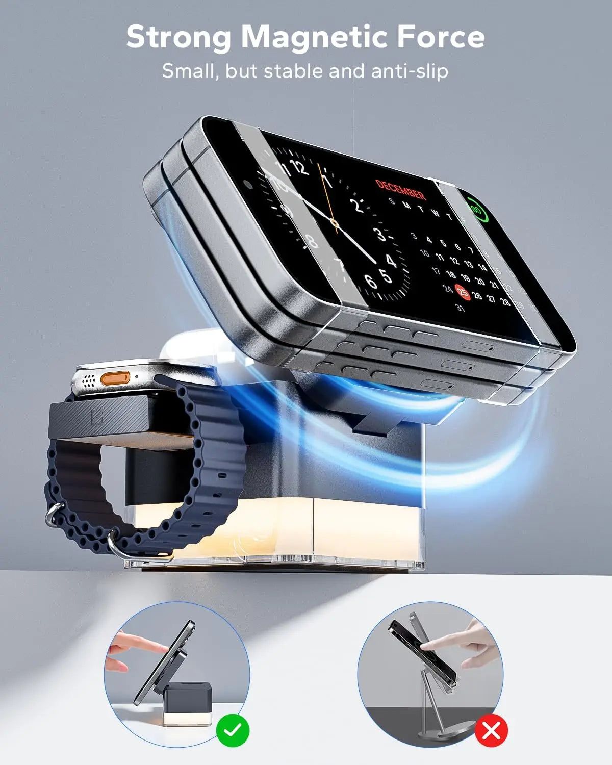 3-in-1 Magnetic Wireless Charging Station with Night Light – Foldable 15W MagSafe Charger for iPhone, Apple Watch & AirPods