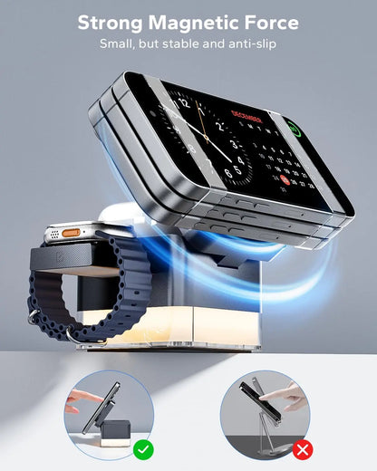 3-in-1 Magnetic Wireless Charging Station with Night Light – Foldable 15W MagSafe Charger for iPhone, Apple Watch & AirPods