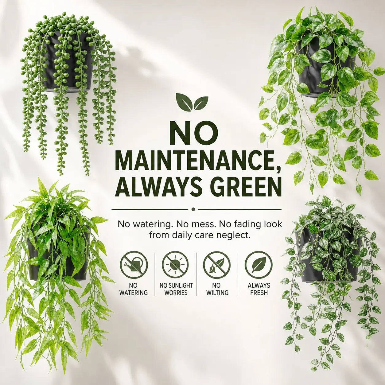Artificial Hanging Plants Set – 4 Pack Realistic Faux Greenery for Desk Setups, Shelves & Home Décor