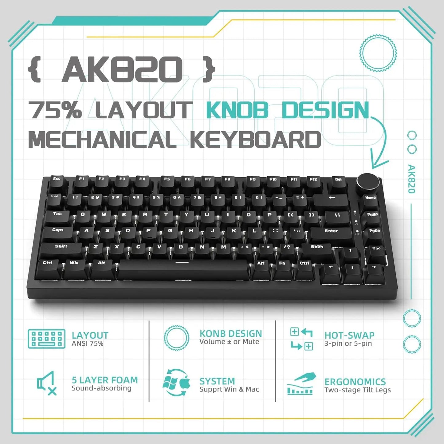 AJAZZ AK820 75% Mechanical Gaming Keyboard – Hot-Swappable Gasket Keyboard with Volume Knob for Gaming & Desk Setup