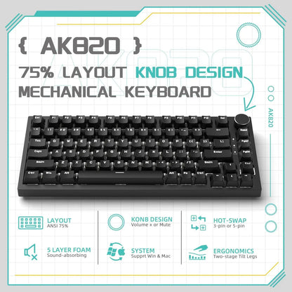 AJAZZ AK820 75% Mechanical Gaming Keyboard – Hot-Swappable Gasket Keyboard with Volume Knob for Gaming & Desk Setup