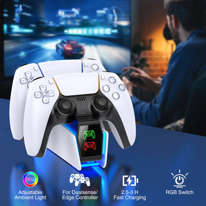 PS5 Dual Controller Charging Station – Fast Charging Dock with RGB Lighting & LED Indicators for PlayStation 5 Controllers