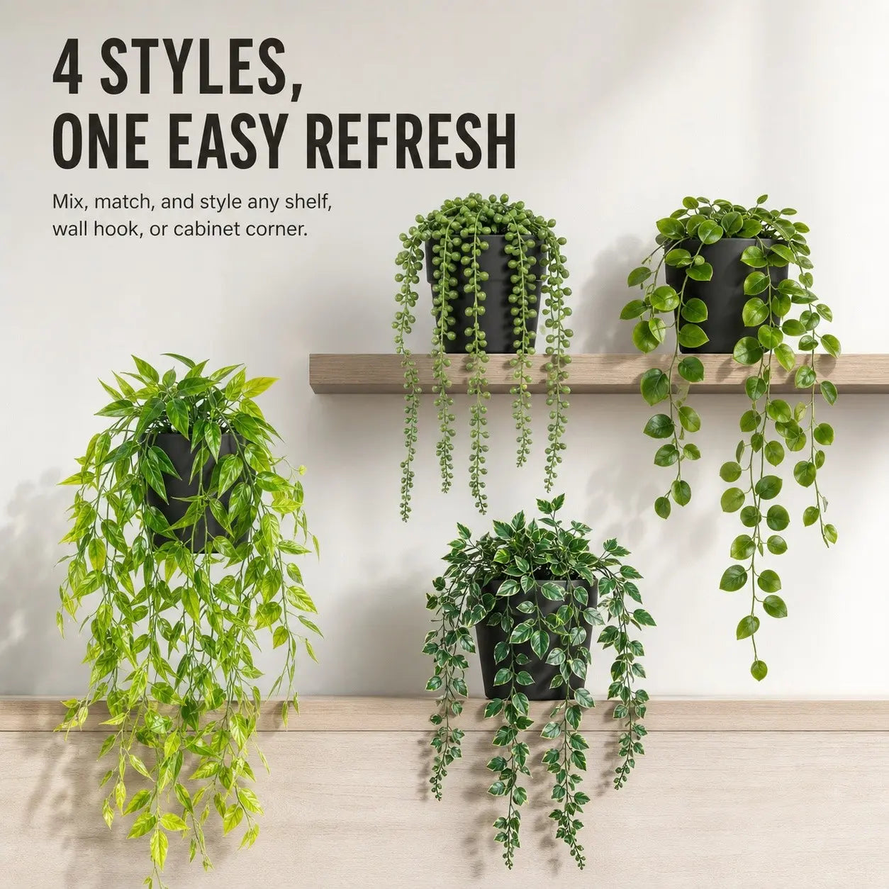 Artificial Hanging Plants Set – 4 Pack Realistic Faux Greenery for Desk Setups, Shelves & Home Décor