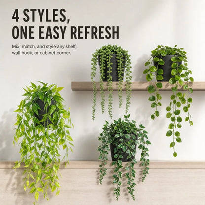 Artificial Hanging Plants Set – 4 Pack Realistic Faux Greenery for Desk Setups, Shelves & Home Décor