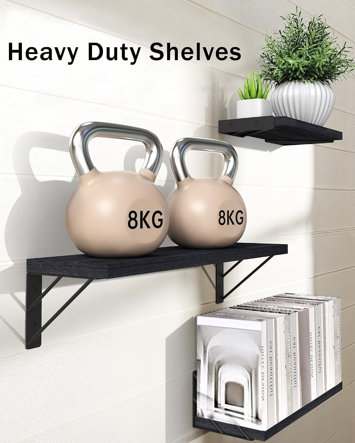 Modern Black Floating Wall Shelves – Set of 3 Wooden Display Shelves for Bedrooms, Living Rooms, Home Offices & Bathrooms