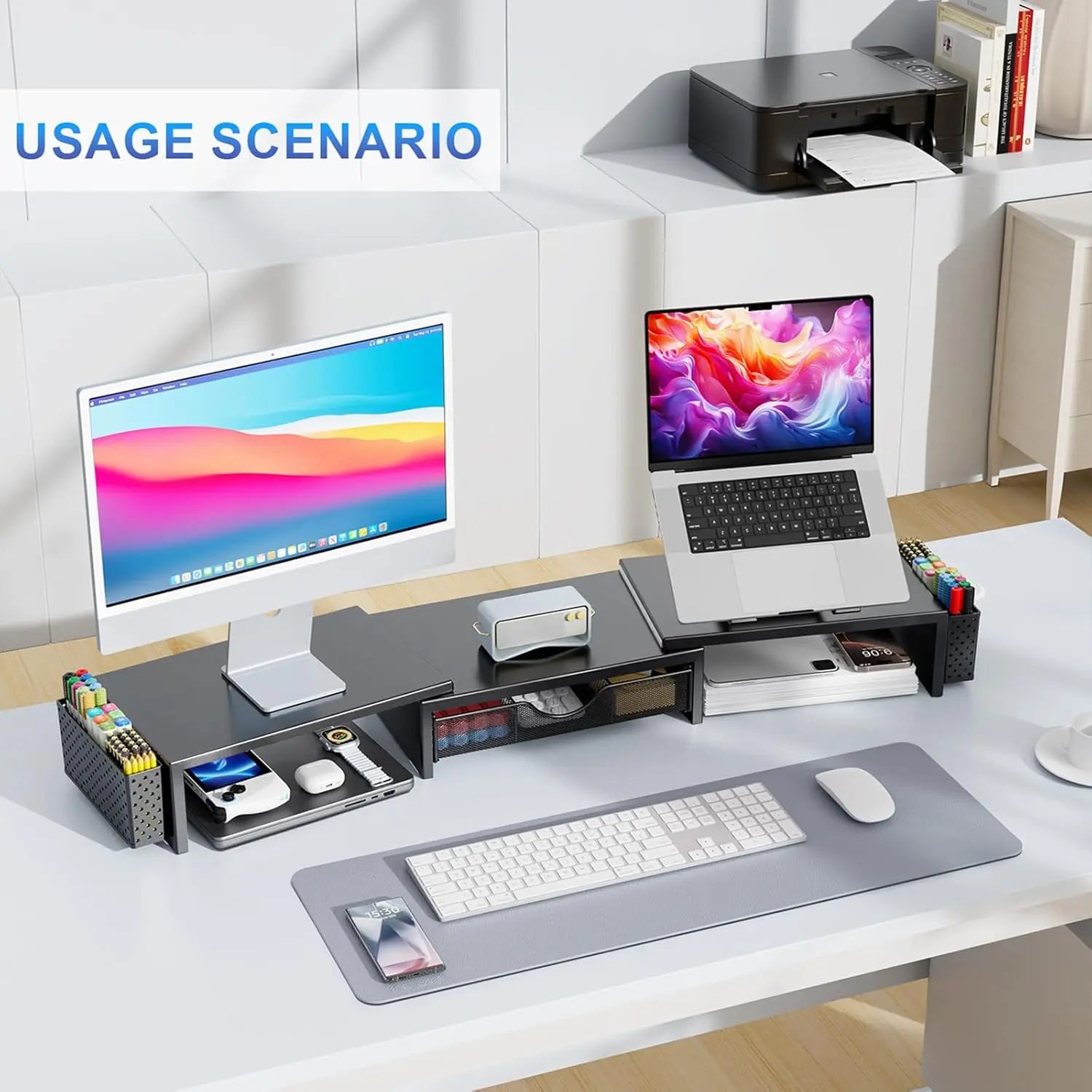 Dual Monitor Stand Riser with Storage Drawer & Pen Holders – Desktop Organiser for Home Offices & Desk Setups