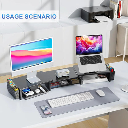 Dual Monitor Stand Riser with Storage Drawer & Pen Holders – Desktop Organiser for Home Offices & Desk Setups