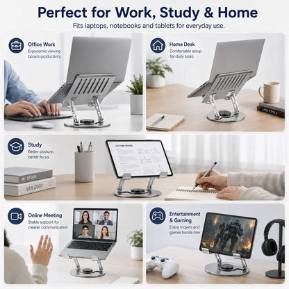 360° Rotating Adjustable Laptop Stand – Foldable Aluminium Laptop Riser for Desk Setups & Home Offices