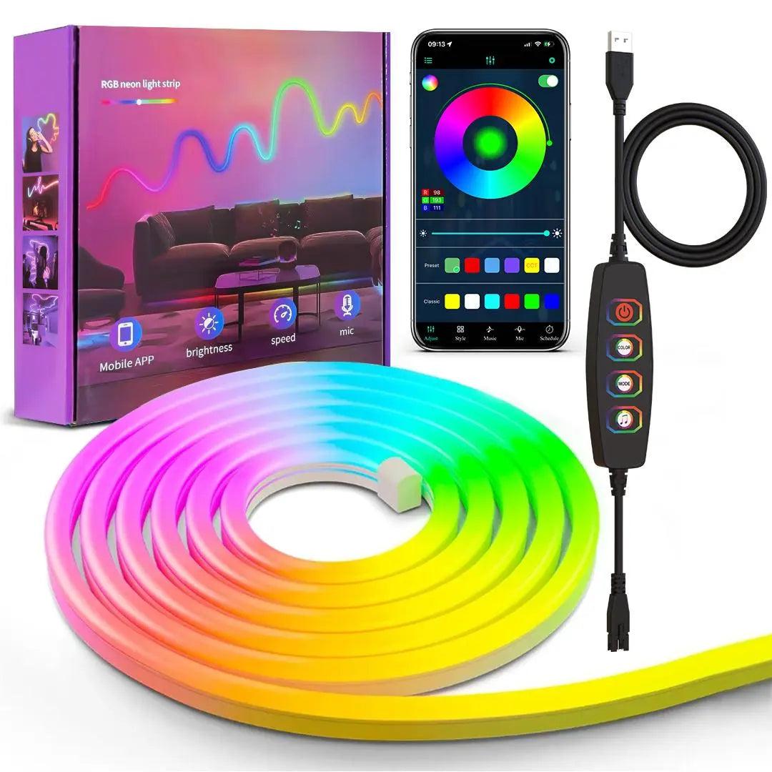 Smart RGB Neon LED Strip Light – App-Controlled USB LED Rope Light with Music Sync for Desk Setups & Gaming Rooms