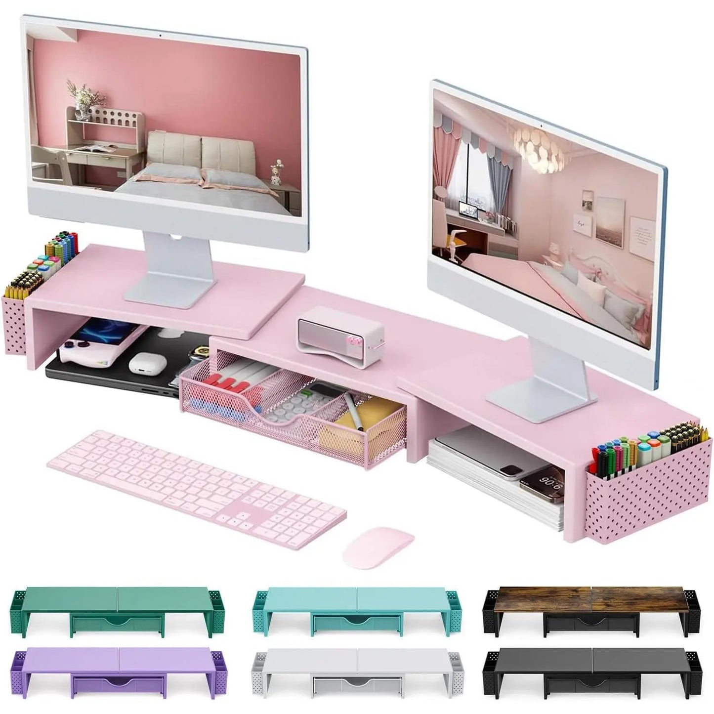 Dual Monitor Stand Riser with Storage Drawer & Pen Holders – Desktop Organiser for Home Offices & Desk Setups