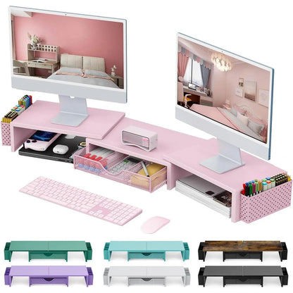 Dual Monitor Stand Riser with Storage Drawer & Pen Holders – Desktop Organiser for Home Offices & Desk Setups