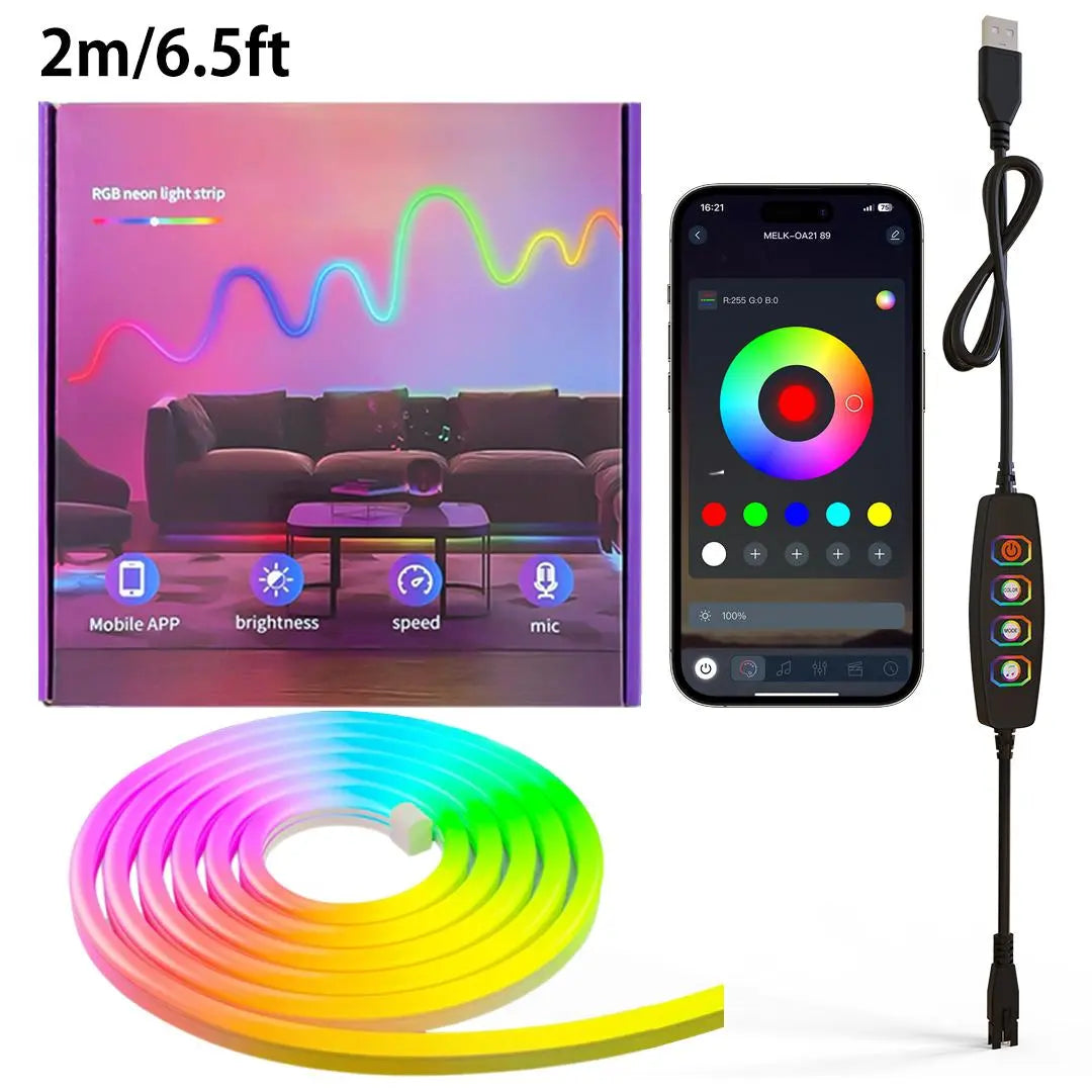Smart RGB Neon LED Strip Light – App-Controlled USB LED Rope Light with Music Sync for Desk Setups & Gaming Rooms