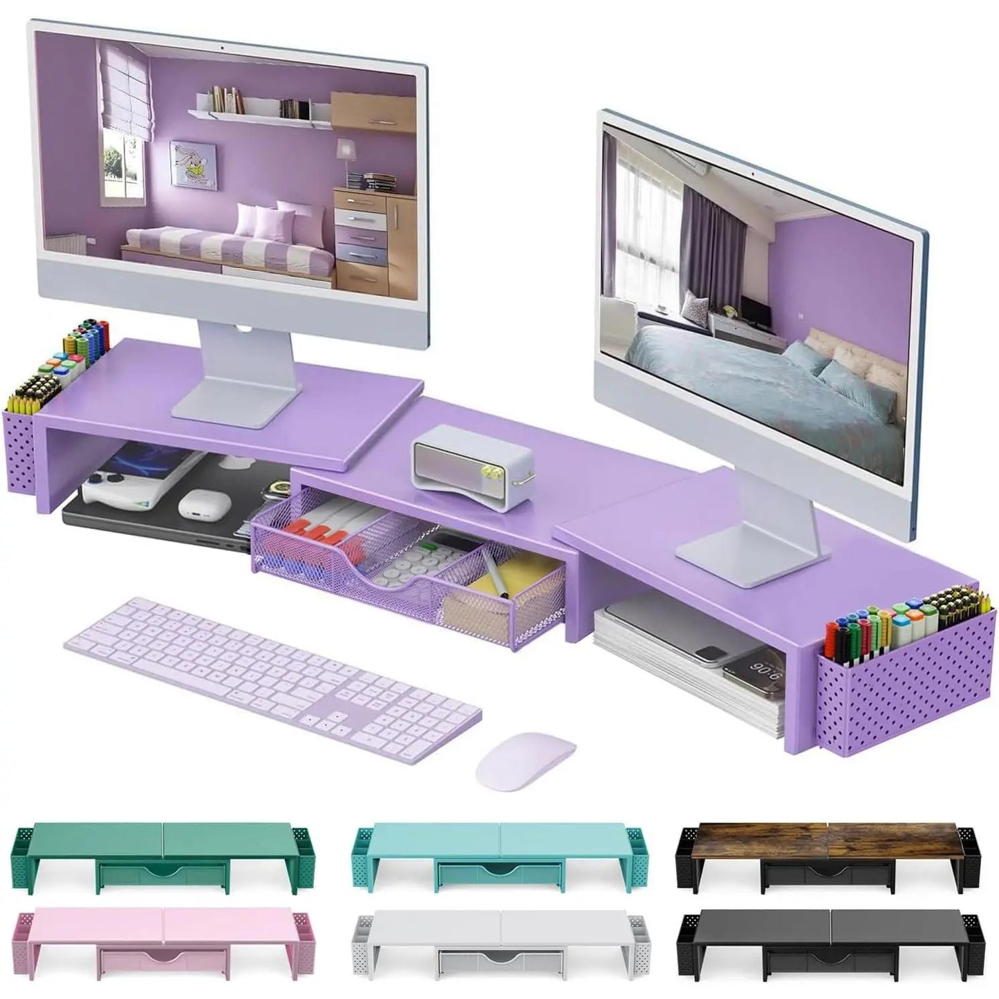 Dual Monitor Stand Riser with Storage Drawer & Pen Holders – Desktop Organiser for Home Offices & Desk Setups