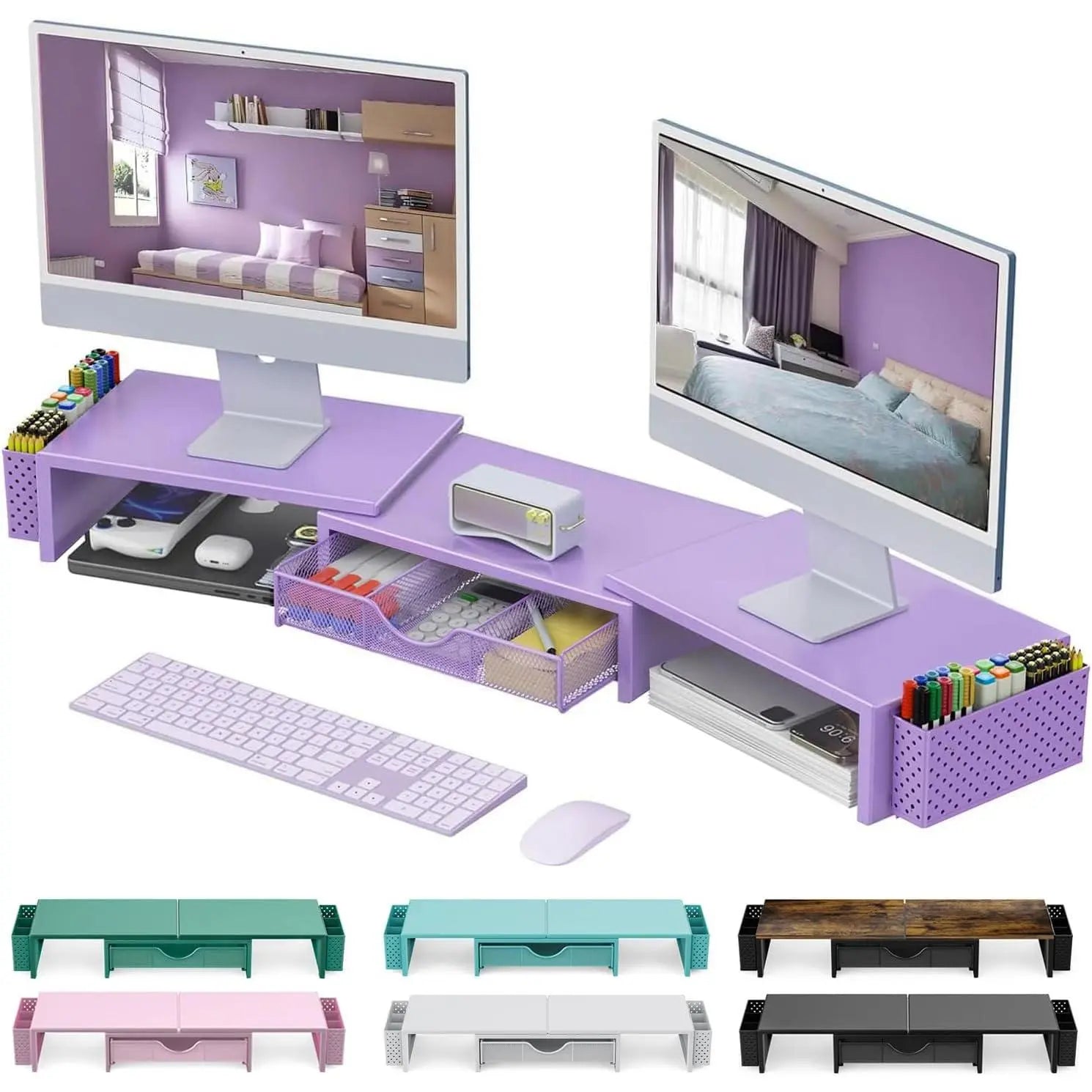 Dual Monitor Stand Riser with Storage Drawer & Pen Holders – Desktop Organiser for Home Offices & Desk Setups