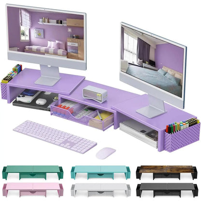 Dual Monitor Stand Riser with Storage Drawer & Pen Holders – Desktop Organiser for Home Offices & Desk Setups