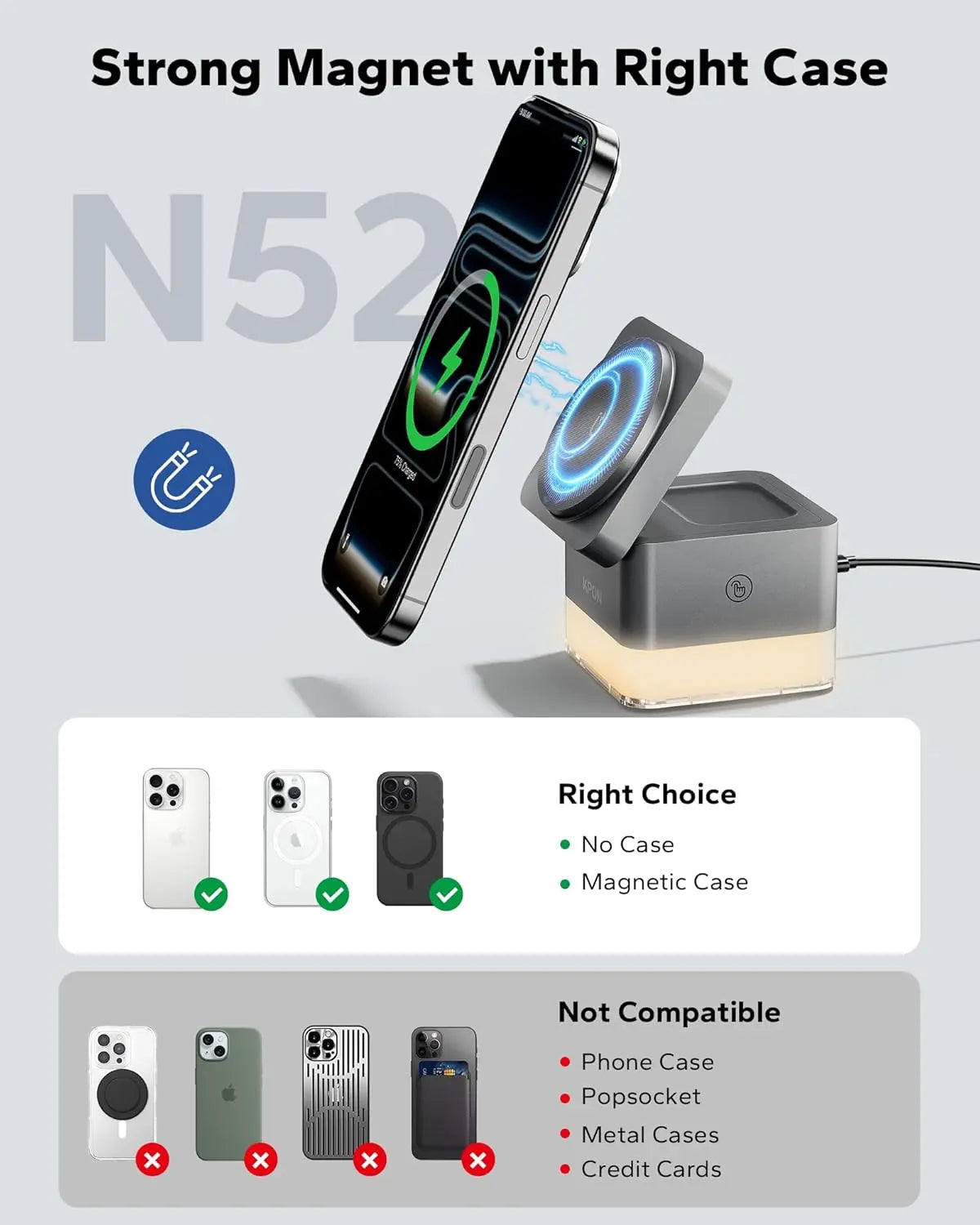 3-in-1 Magnetic Wireless Charging Station with Night Light – Foldable 15W MagSafe Charger for iPhone, Apple Watch & AirPods