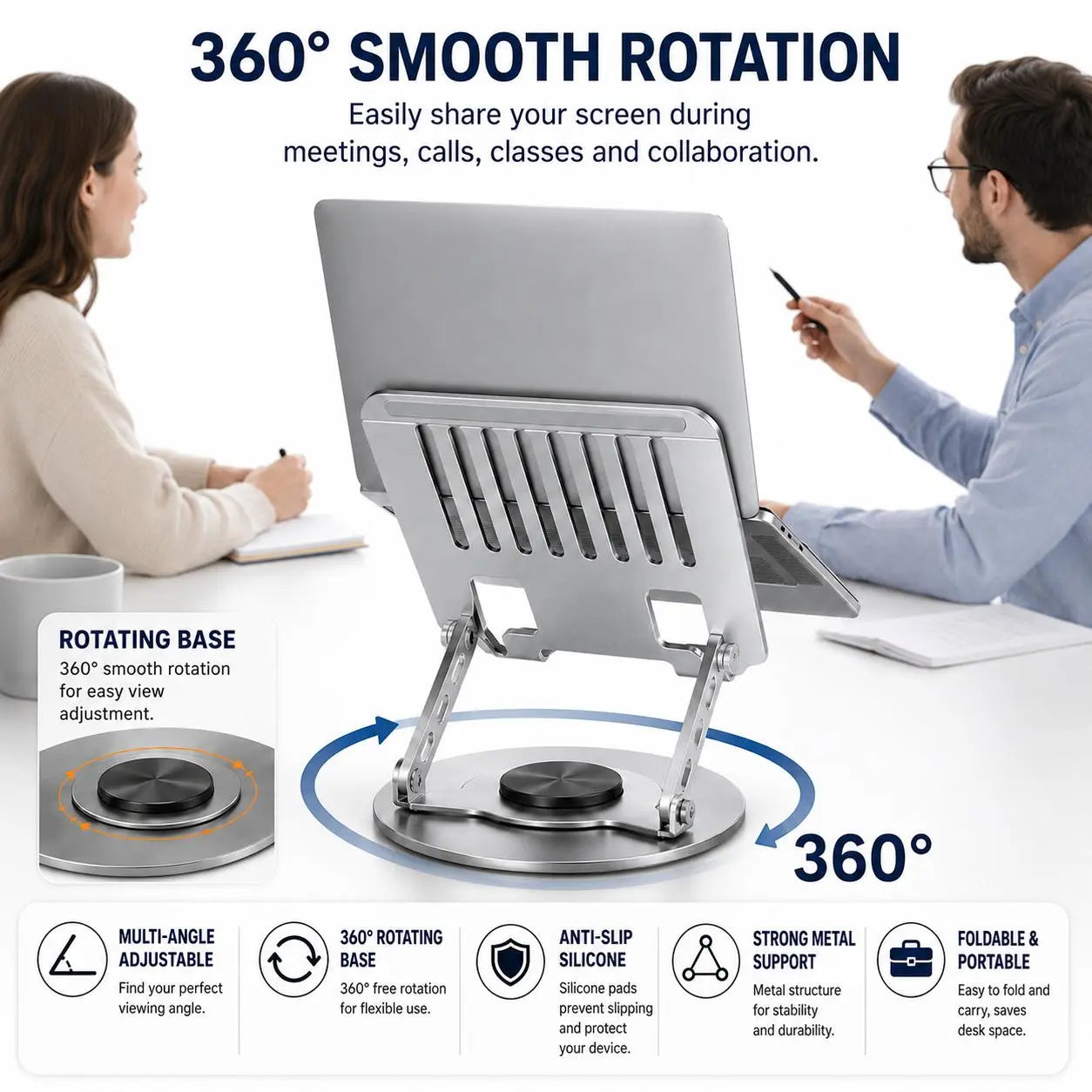 360° Rotating Adjustable Laptop Stand – Foldable Aluminium Laptop Riser for Desk Setups & Home Offices