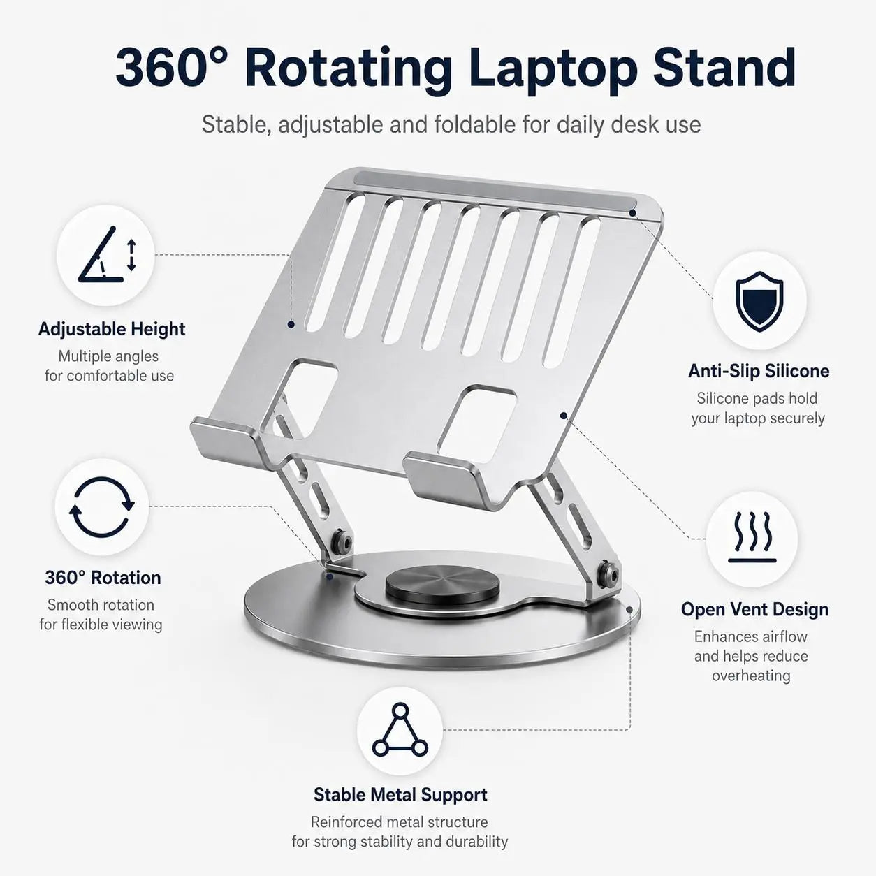 360° Rotating Adjustable Laptop Stand – Foldable Aluminium Laptop Riser for Desk Setups & Home Offices