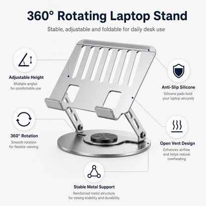 360° Rotating Adjustable Laptop Stand – Foldable Aluminium Laptop Riser for Desk Setups & Home Offices