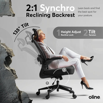 Ergonomic Mesh Office Chair – Adjustable Lumbar Support, Headrest & Flip-Up Armrests for Home Offices & Desk Setups