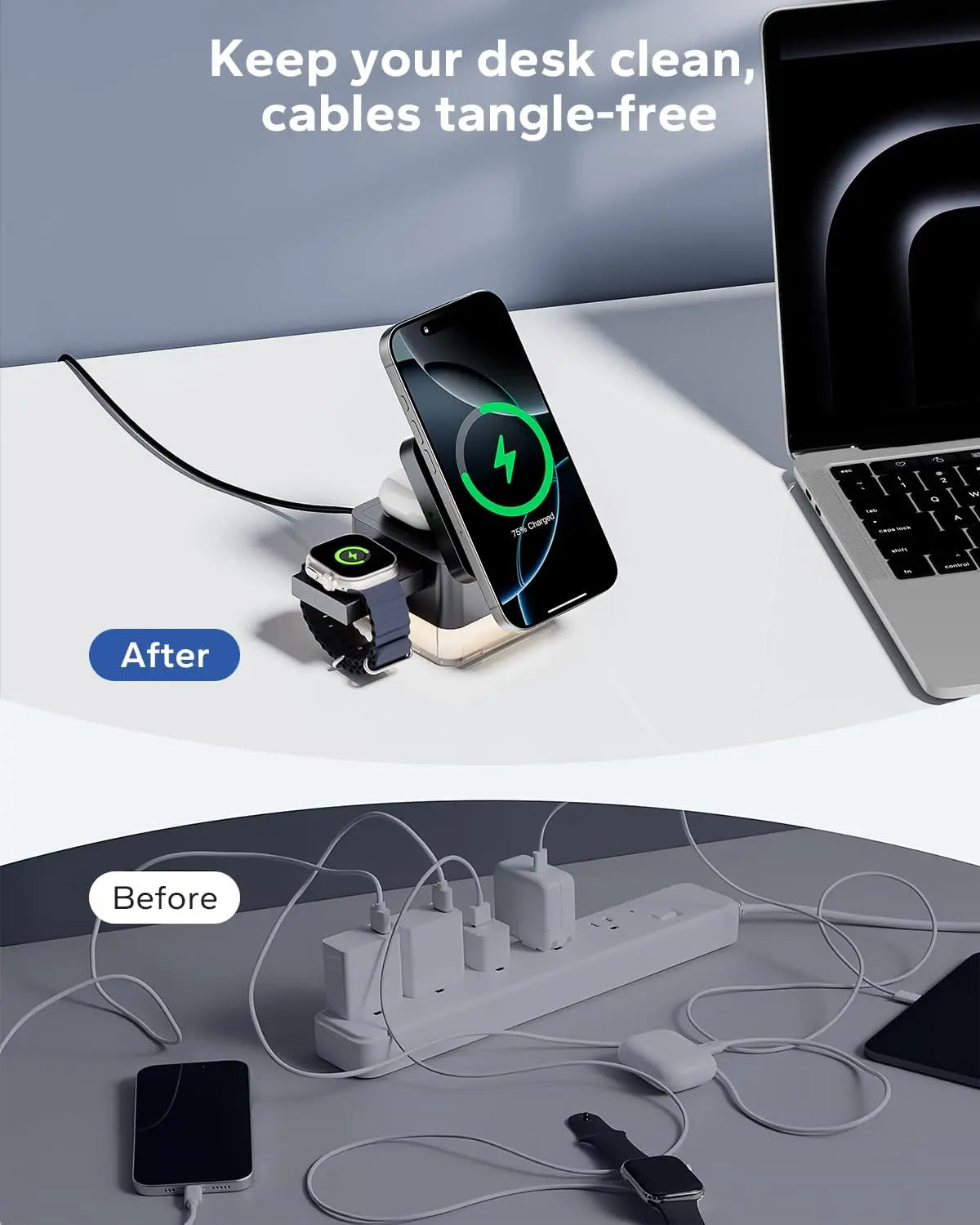 3-in-1 Magnetic Wireless Charging Station with Night Light – Foldable 15W MagSafe Charger for iPhone, Apple Watch & AirPods
