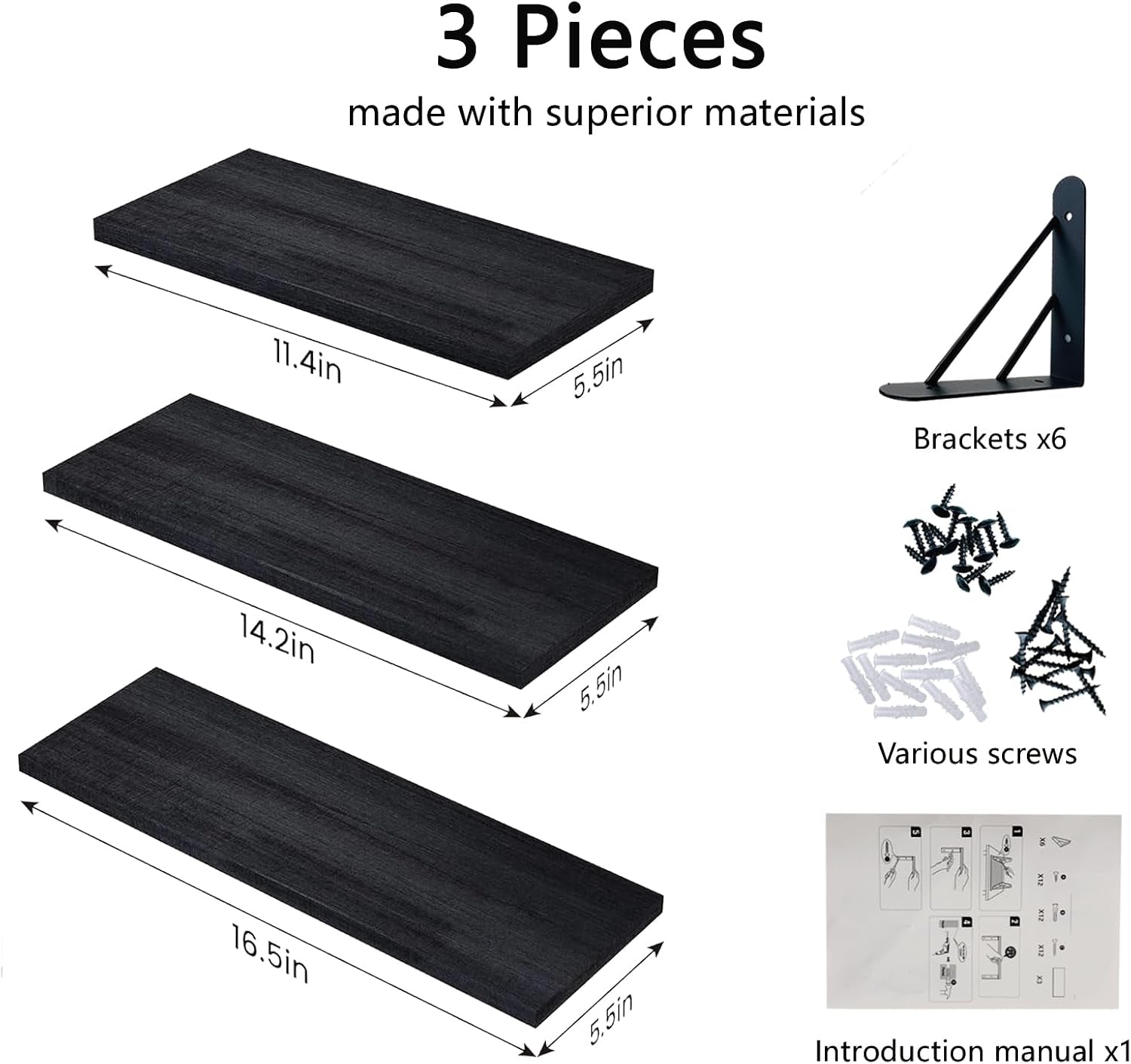 Modern Black Floating Wall Shelves – Set of 3 Wooden Display Shelves for Bedrooms, Living Rooms, Home Offices & Bathrooms