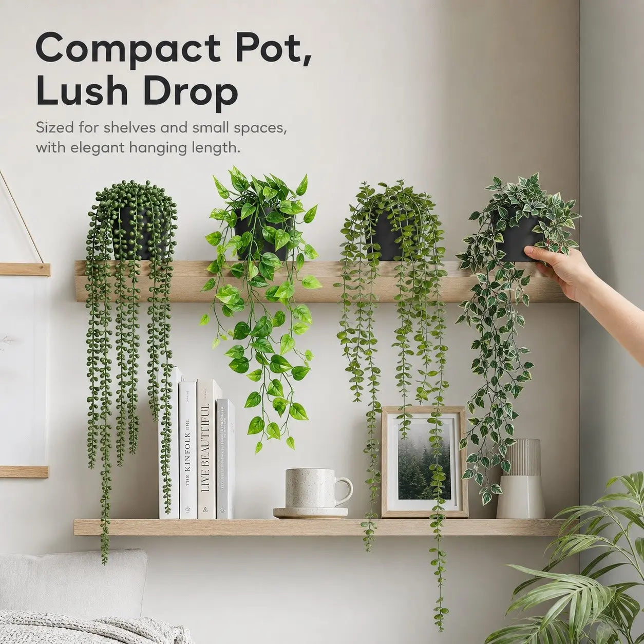 Artificial Hanging Plants Set – 4 Pack Realistic Faux Greenery for Desk Setups, Shelves & Home Décor
