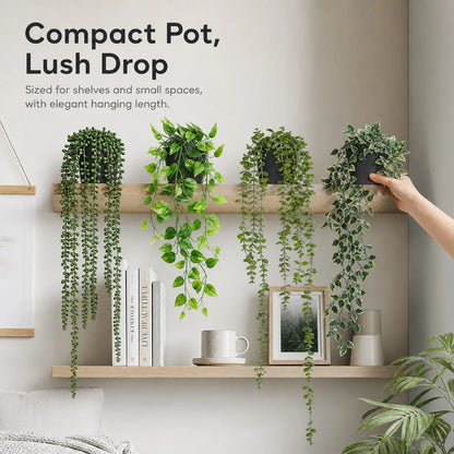 Artificial Hanging Plants Set – 4 Pack Realistic Faux Greenery for Desk Setups, Shelves & Home Décor